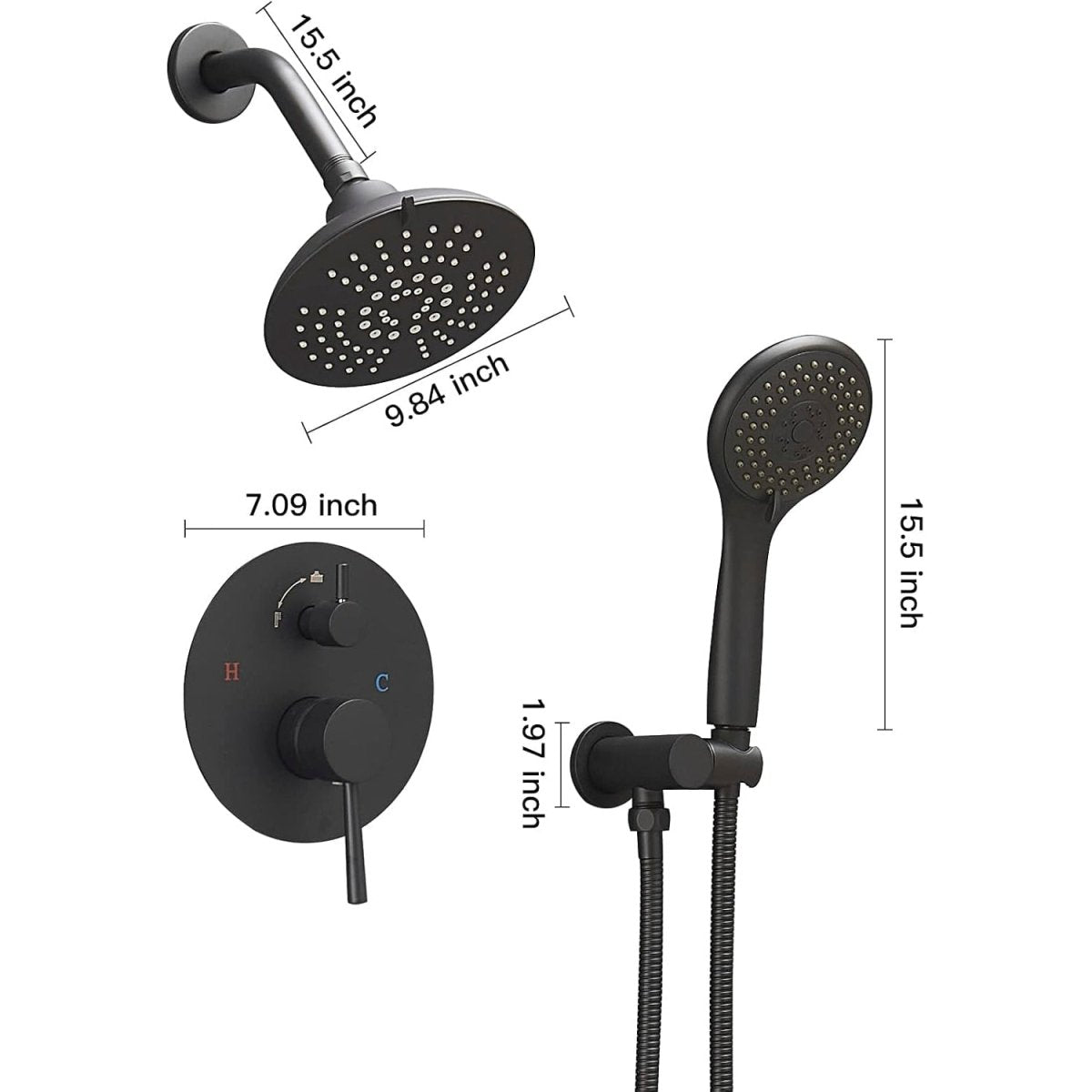 BATHADORE Rainfall Shower Heads Wall Mounted Shower Kit Black - buyfaucet.com