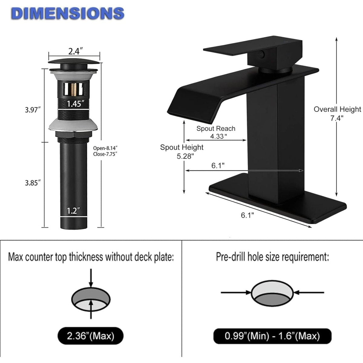 DFI Waterfall Bathroom Faucets Single Hole with Pop Up Drain Black - buyfaucet.com