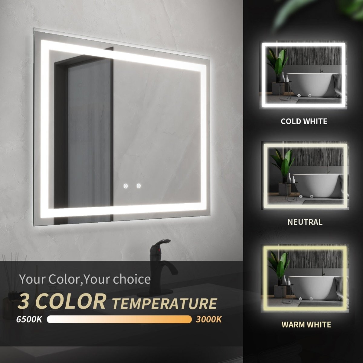 zazzeri Rectangular Frameless LED Light Wall Bathroom Vanity Mirror(36x28 in) - buyfaucet.com