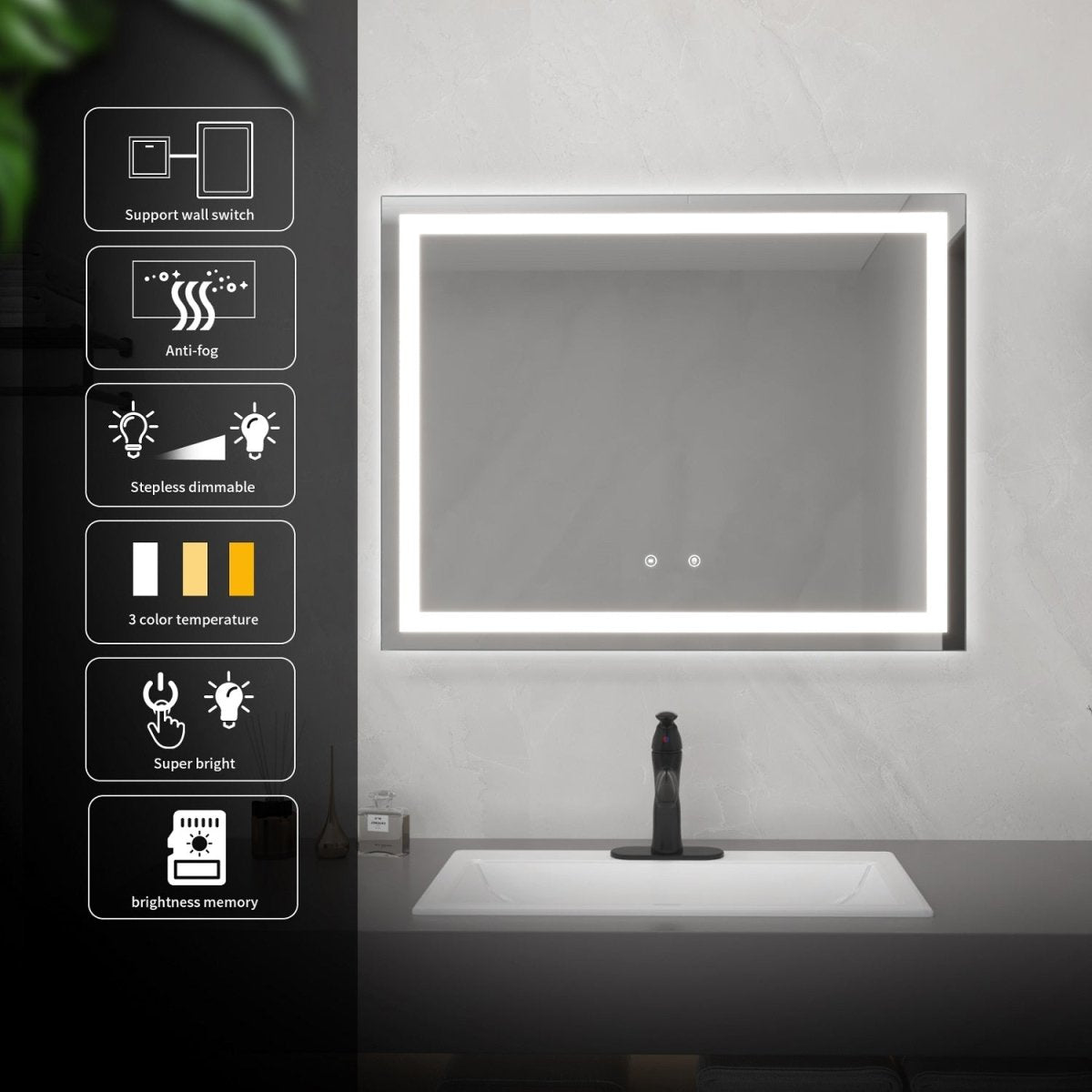 zazzeri Rectangular Frameless LED Light Wall Bathroom Vanity Mirror(36x28 in) - buyfaucet.com
