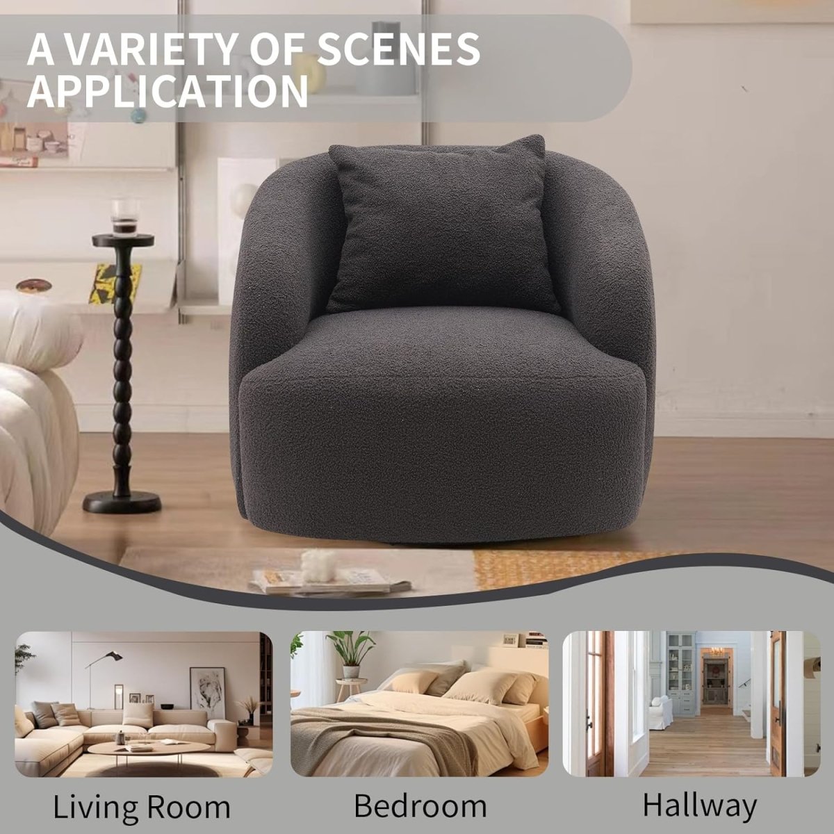 zazzeri Soft Boucle Upholstered Barrel Chair Round Single Sofa Chair 360 Swivel Dark Grey - buyfaucet.com