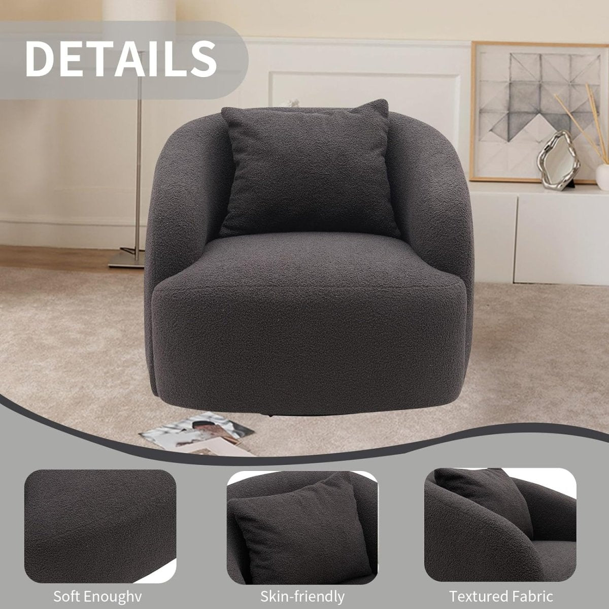 zazzeri Soft Boucle Upholstered Barrel Chair Round Single Sofa Chair 360 Swivel Dark Grey - buyfaucet.com
