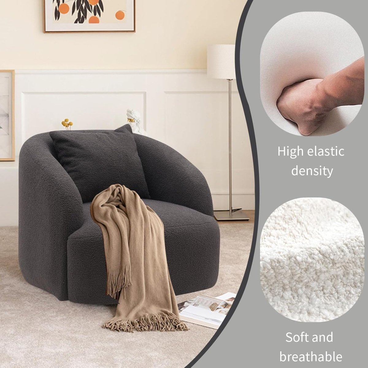 zazzeri Soft Boucle Upholstered Barrel Chair Round Single Sofa Chair 360 Swivel Dark Grey - buyfaucet.com