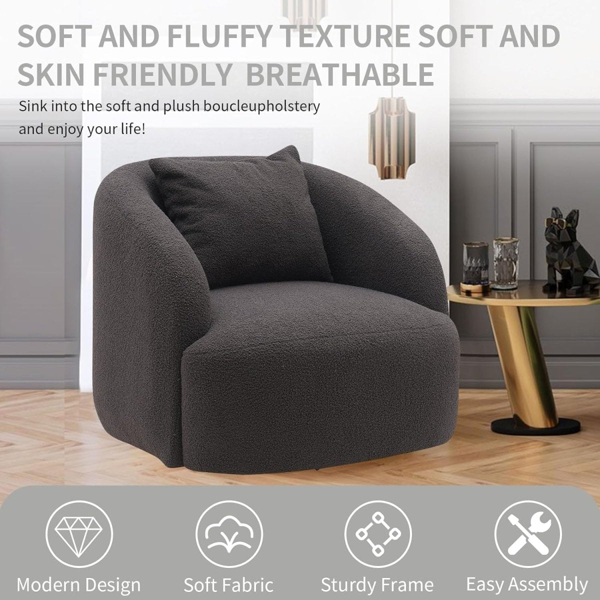 zazzeri Soft Boucle Upholstered Barrel Chair Round Single Sofa Chair 360 Swivel Dark Grey - buyfaucet.com
