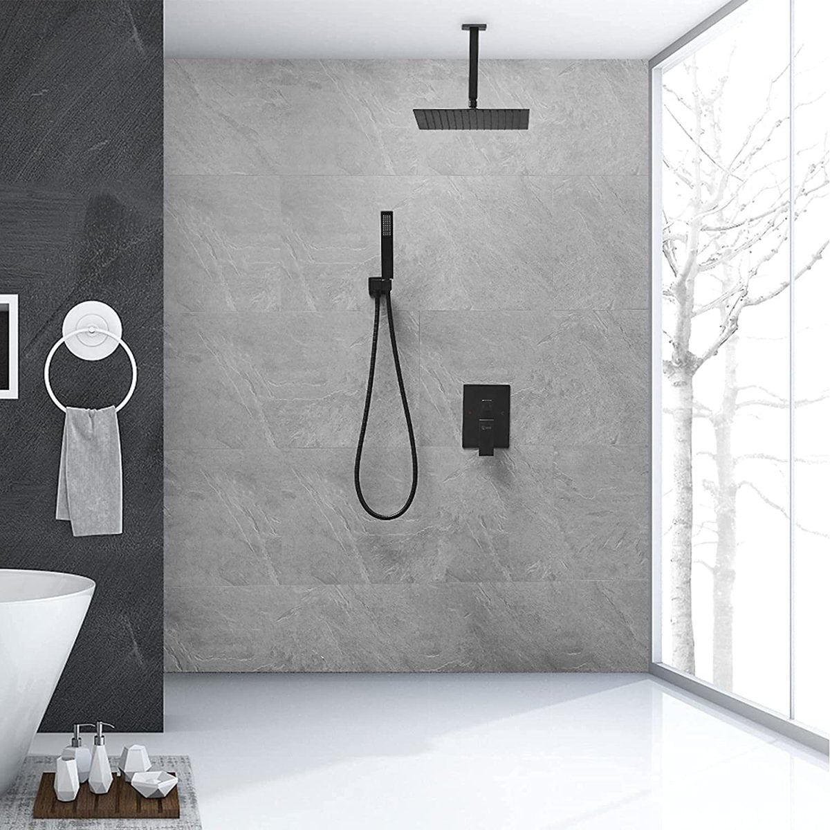 1-Handle 2-Sprayers 16" Ceiling Shower Faucet Black - buyfaucet.com