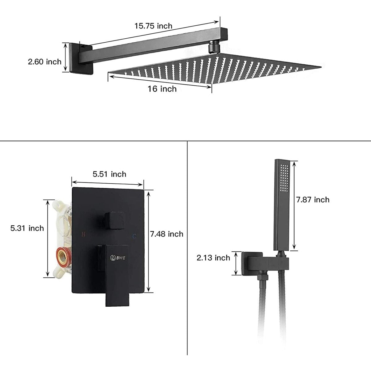 1-Handle 2-Sprayers 16'' Showerhead Shower Faucet Black-1 - buyfaucet.com