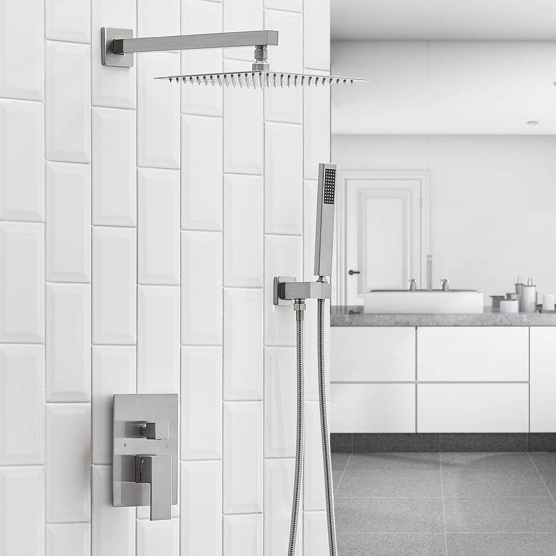 1-Handle 2-Sprayers 16'' Showerhead Shower Faucet Nickel-1 - buyfaucet.com