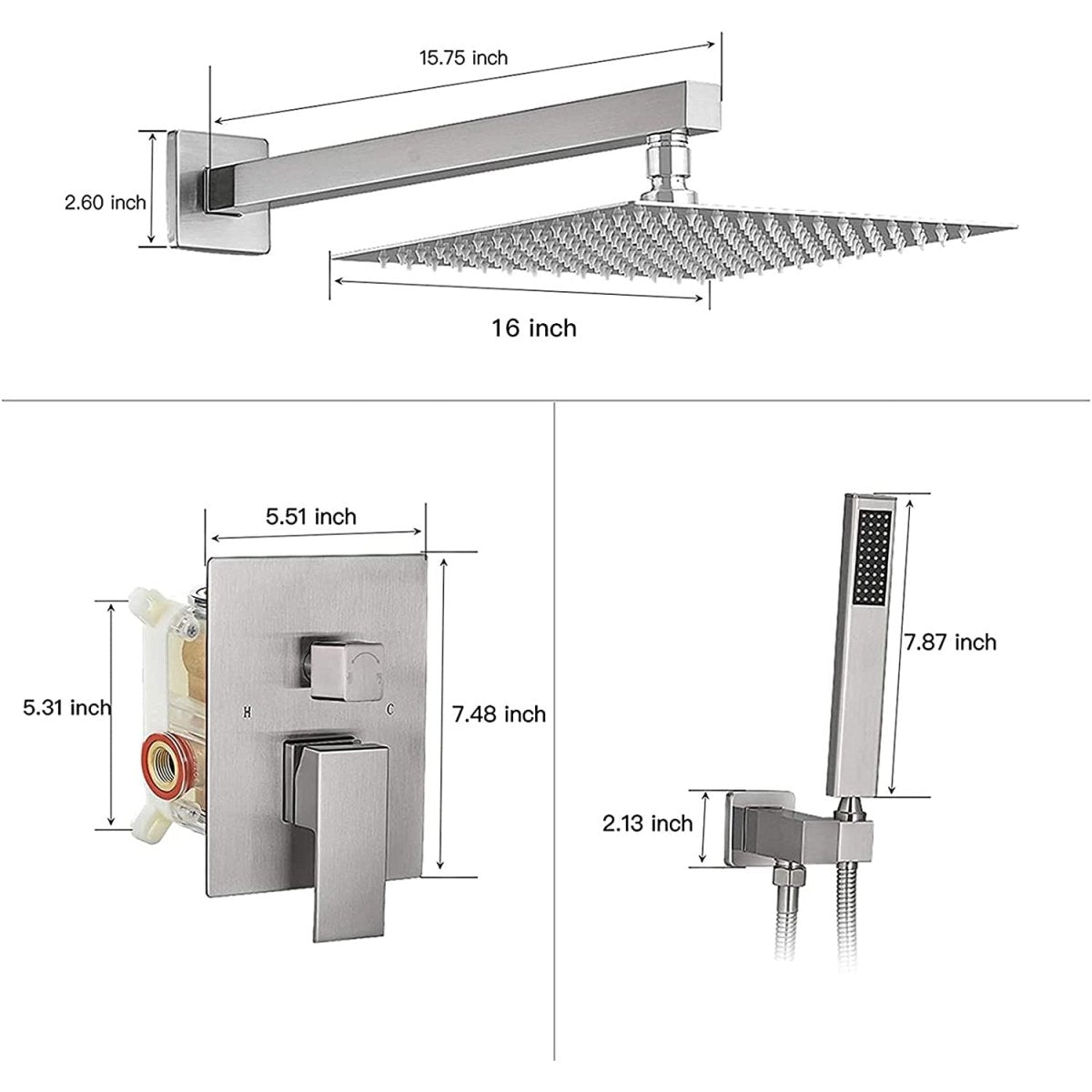 1-Handle 2-Sprayers 16'' Showerhead Shower Faucet Nickel-1 - buyfaucet.com