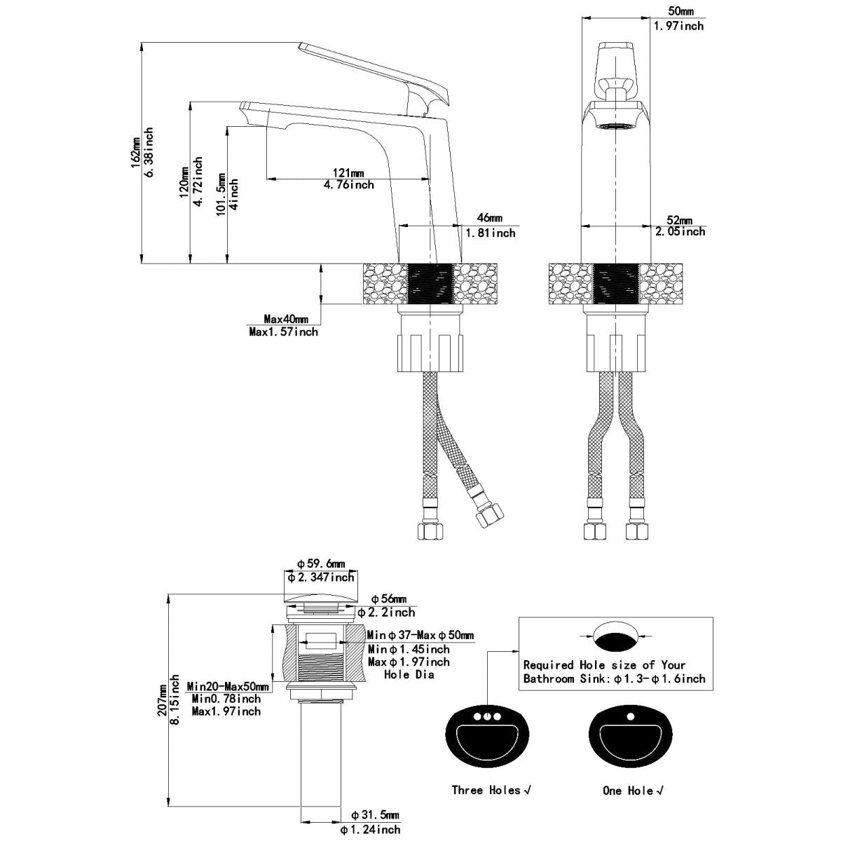 1 Handle Commercial Bathroom Sink Faucet with Drain Black - buyfaucet.com