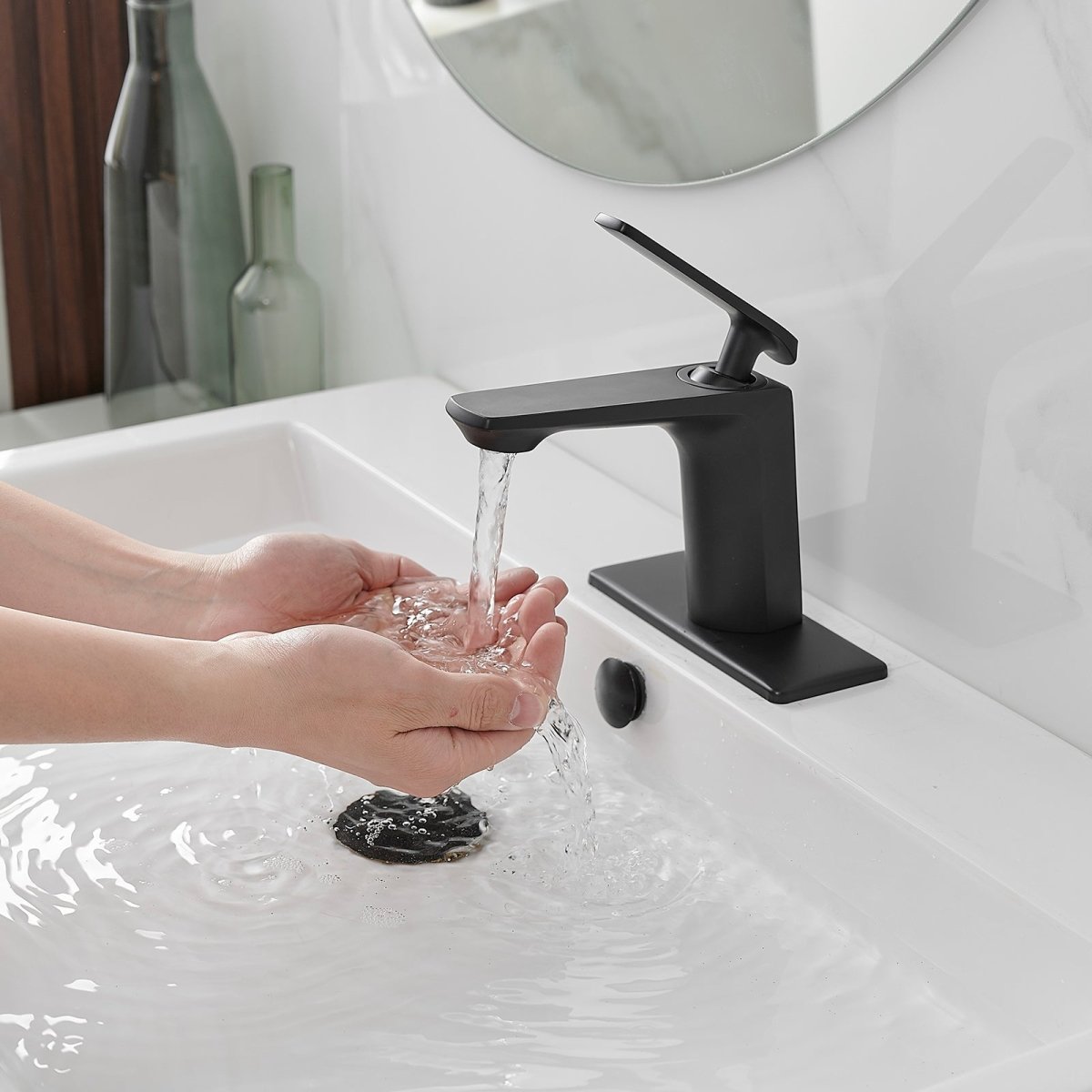 1 Handle Commercial Bathroom Sink Faucet with Drain Black - buyfaucet.com