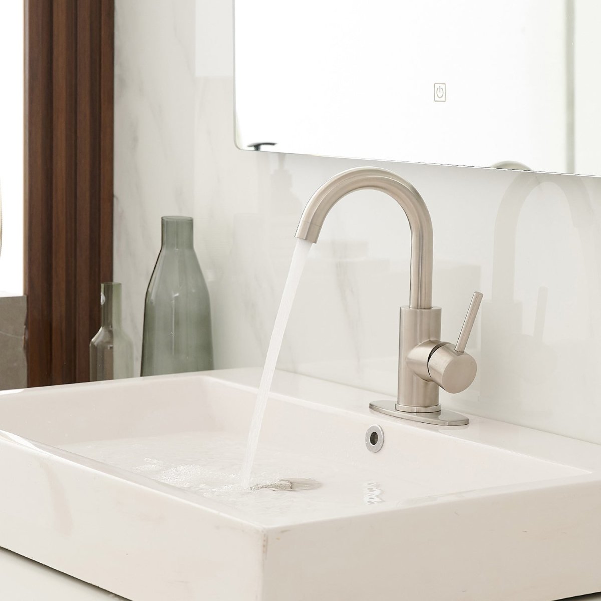 1 Hole 1-Handle High Arc Bathroom Faucet Swivel Spout Nickel - buyfaucet.com