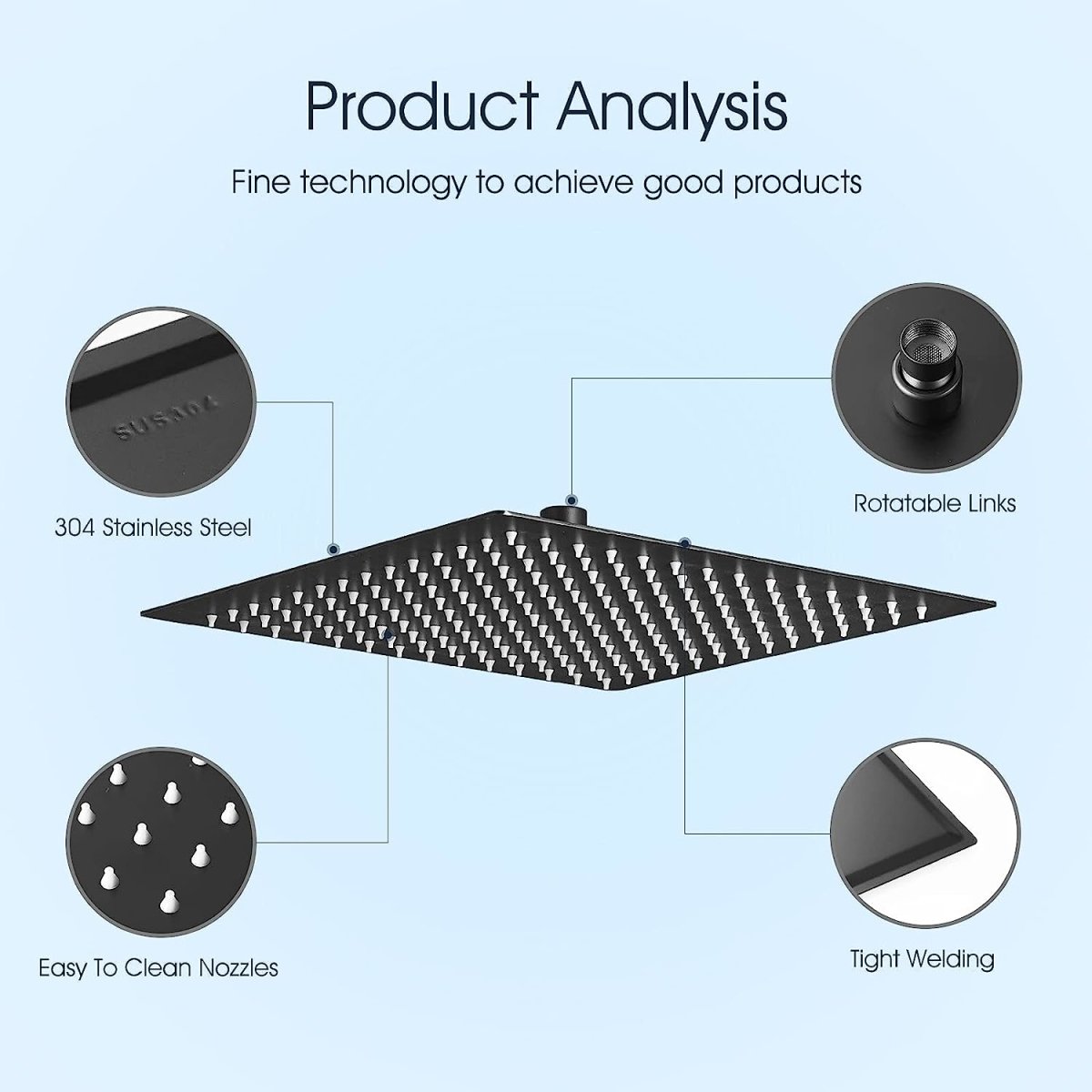 12 Inch 304 Stainless Steel Rainfall Shower Head Black - buyfaucet.com
