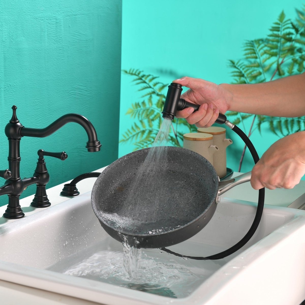 2-Handle Bridge Kitchen Faucet with Side Sprayer Bronze - buyfaucet.com