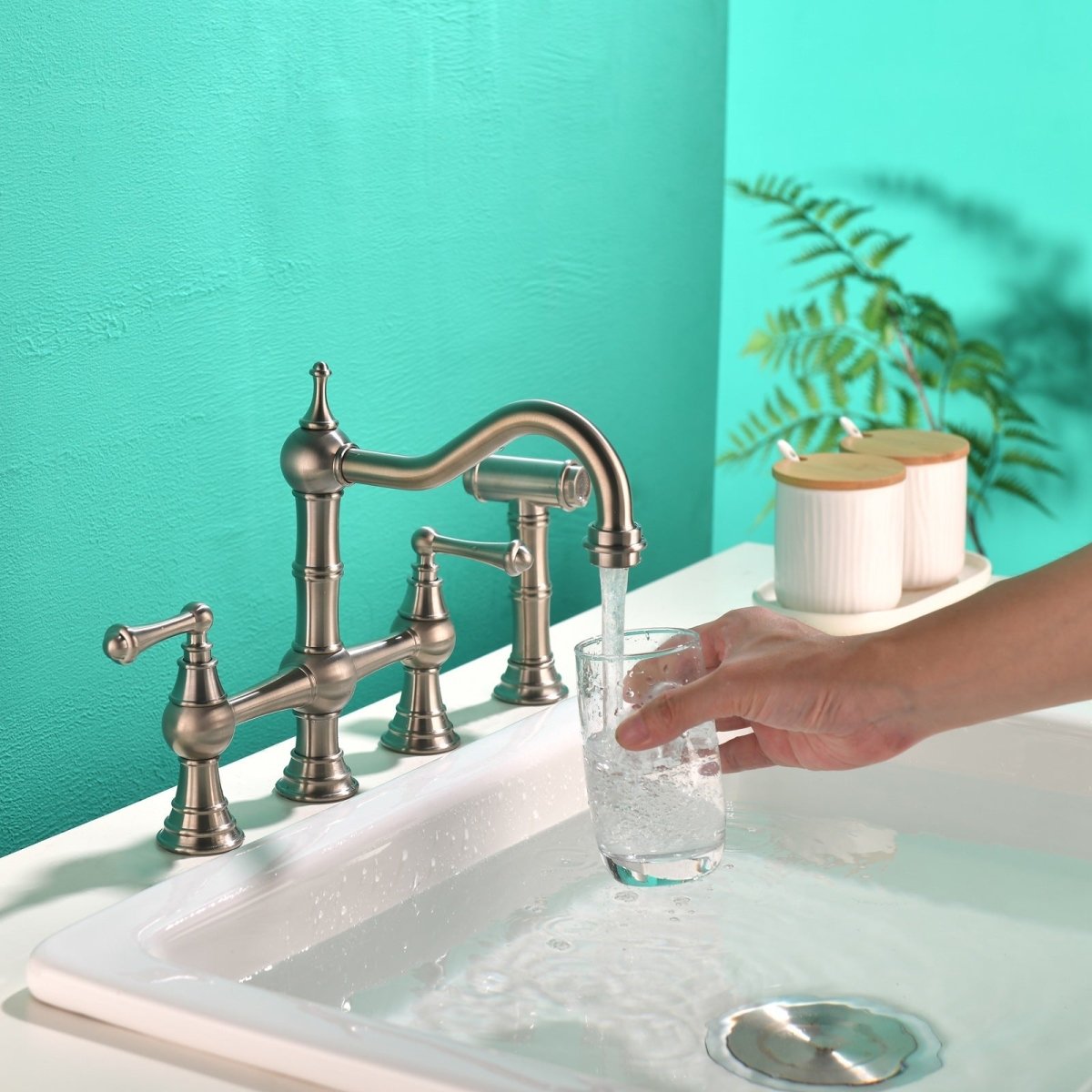 2-Handle Bridge Kitchen Faucet with Side Sprayer Nickel - buyfaucet.com