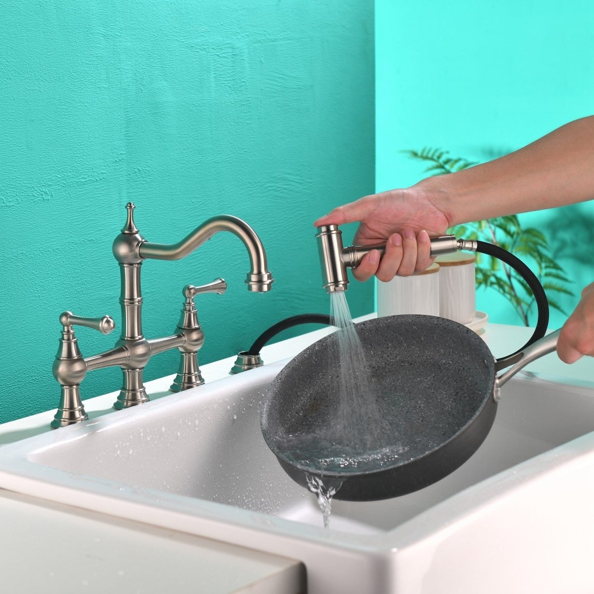 2-Handle Bridge Kitchen Faucet with Side Sprayer Nickel - buyfaucet.com