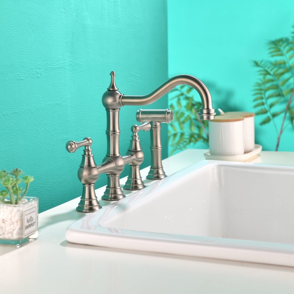 2-Handle Bridge Kitchen Faucet with Side Sprayer Nickel - buyfaucet.com