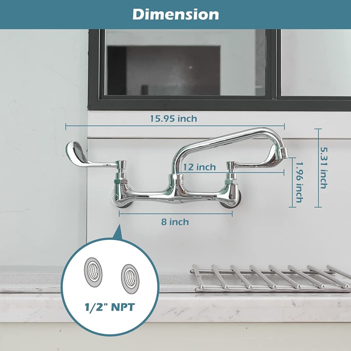 2-Handle Commercial Wall Mount Kitchen Faucet in Chrome - buyfaucet.com