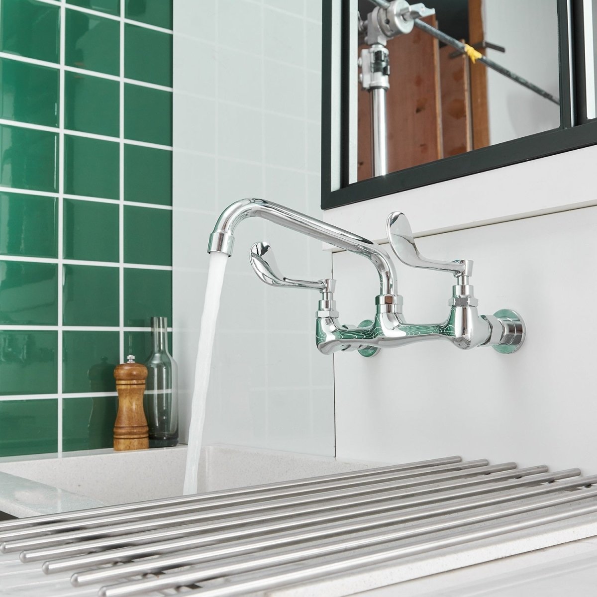 2-Handle Commercial Wall Mount Kitchen Faucet in Chrome - buyfaucet.com