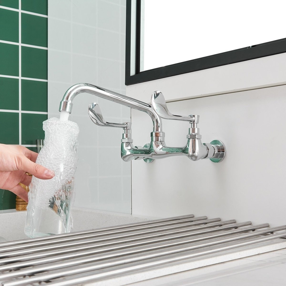 2-Handle Commercial Wall Mount Kitchen Faucet in Chrome - buyfaucet.com