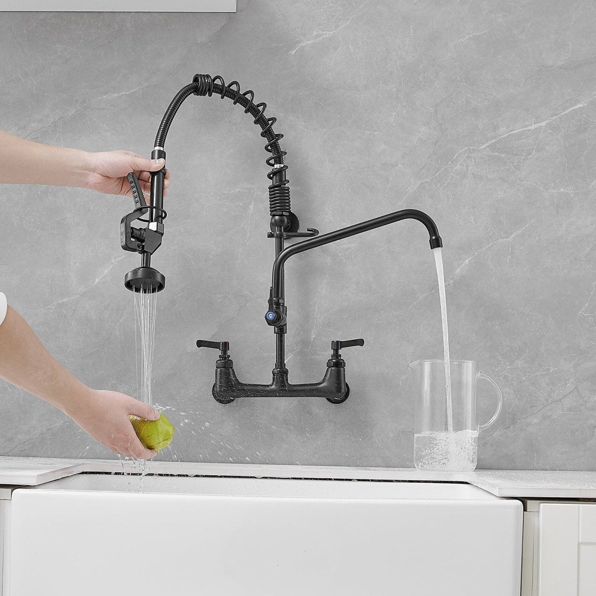 2-Handle Wall Mount Pre-Rinse Spray Kitchen Faucet Black - buyfaucet.com