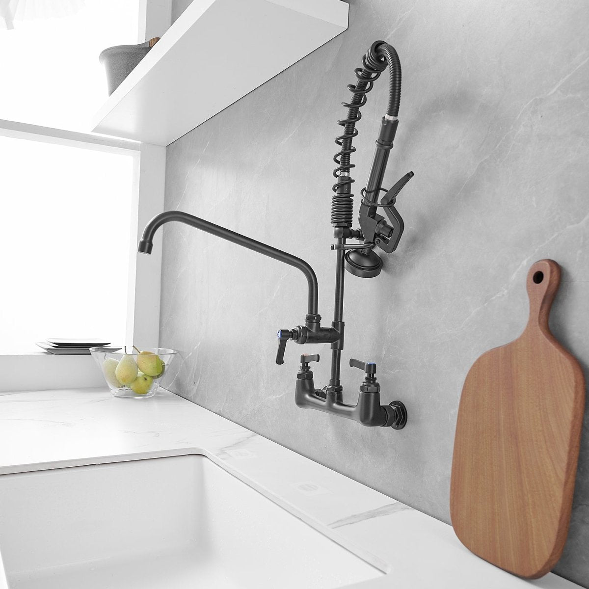 2-Handle Wall Mount Pre-Rinse Spray Kitchen Faucet Black - buyfaucet.com