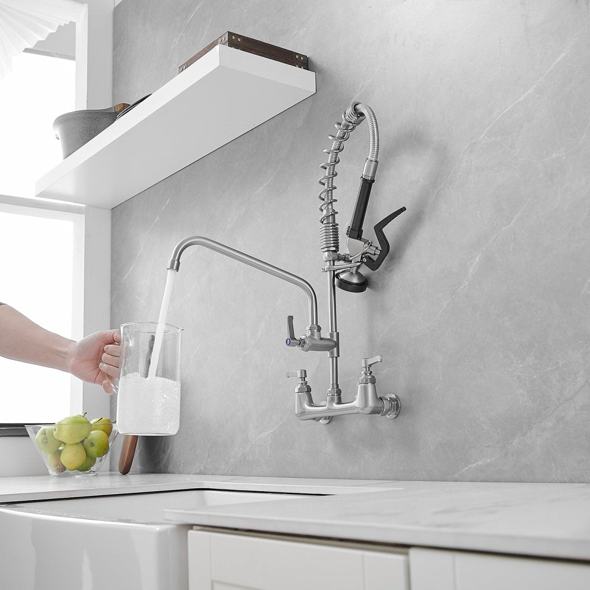 2-Handle Wall Mount Pre-Rinse Spray Kitchen Faucet Nickel - buyfaucet.com