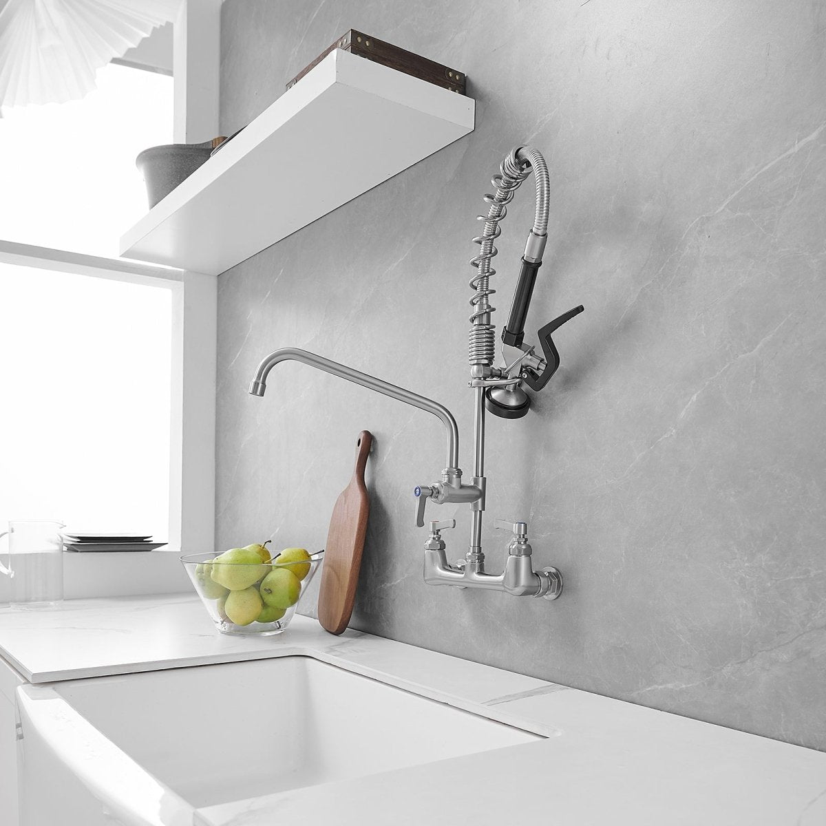 2-Handle Wall Mount Pre-Rinse Spray Kitchen Faucet Nickel - buyfaucet.com