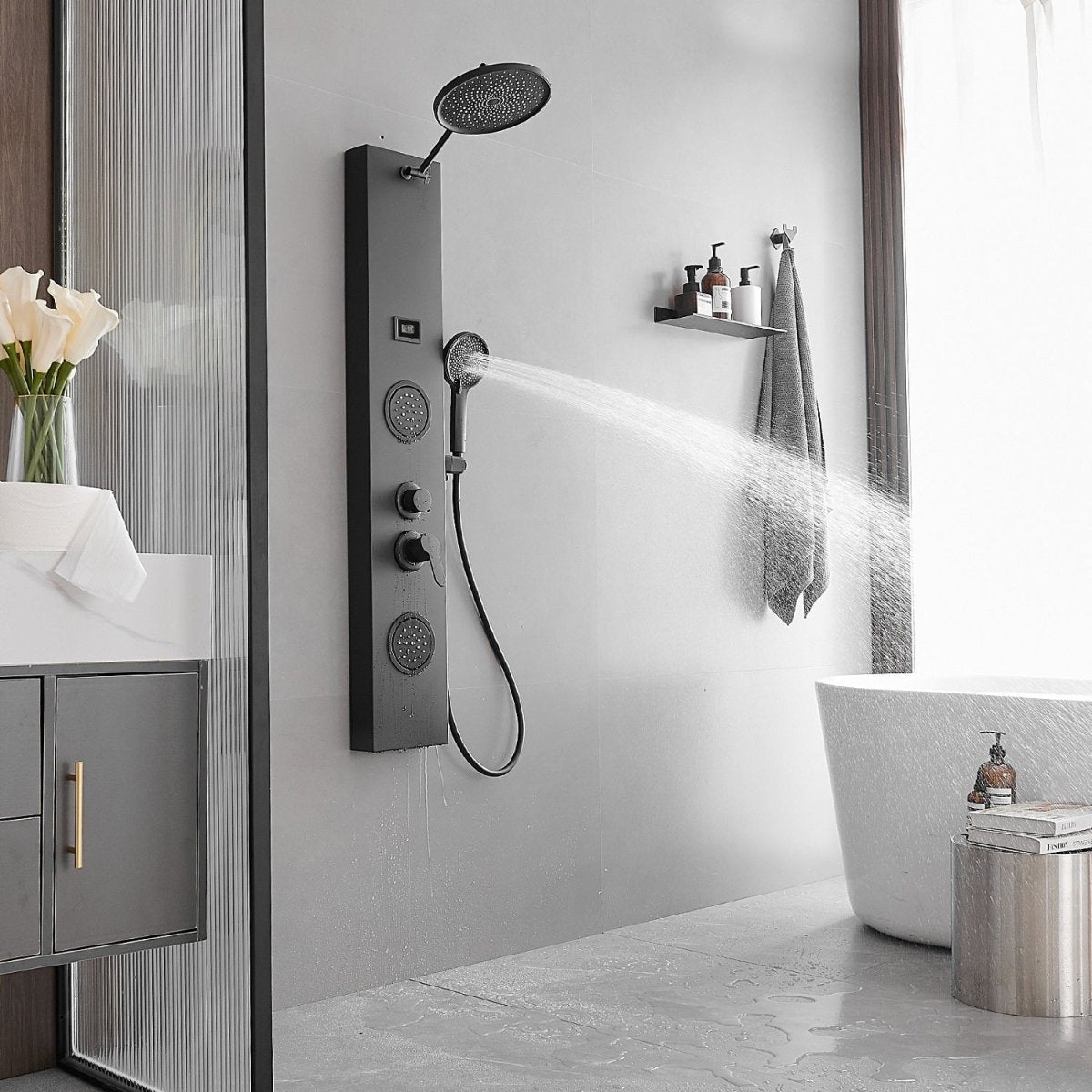 2-Jet Rainfall Shower Panel System in Stainless Steel Black - buyfaucet.com