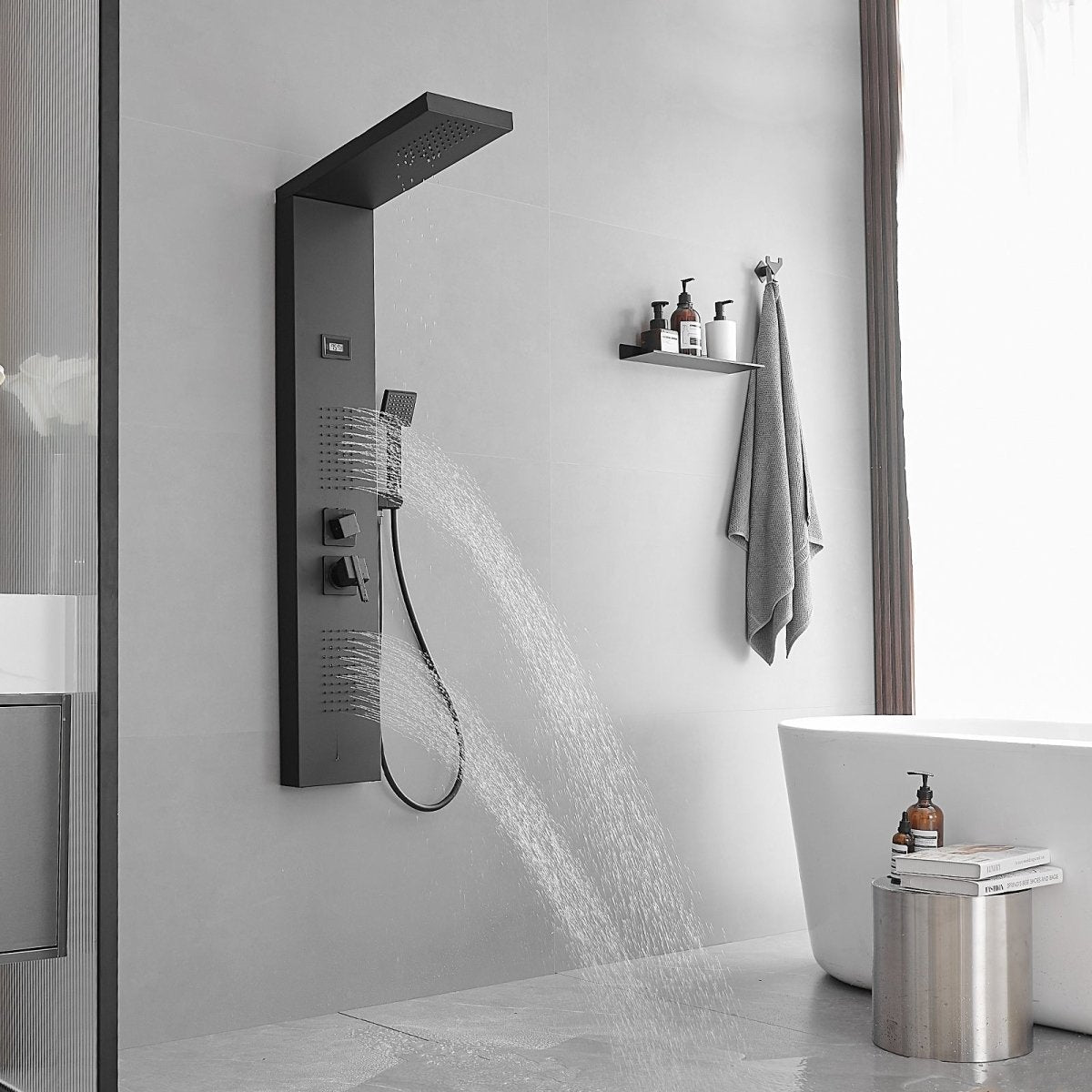 2-Jet Rainfall Shower Panel System in Stainless Steel Black - buyfaucet.com