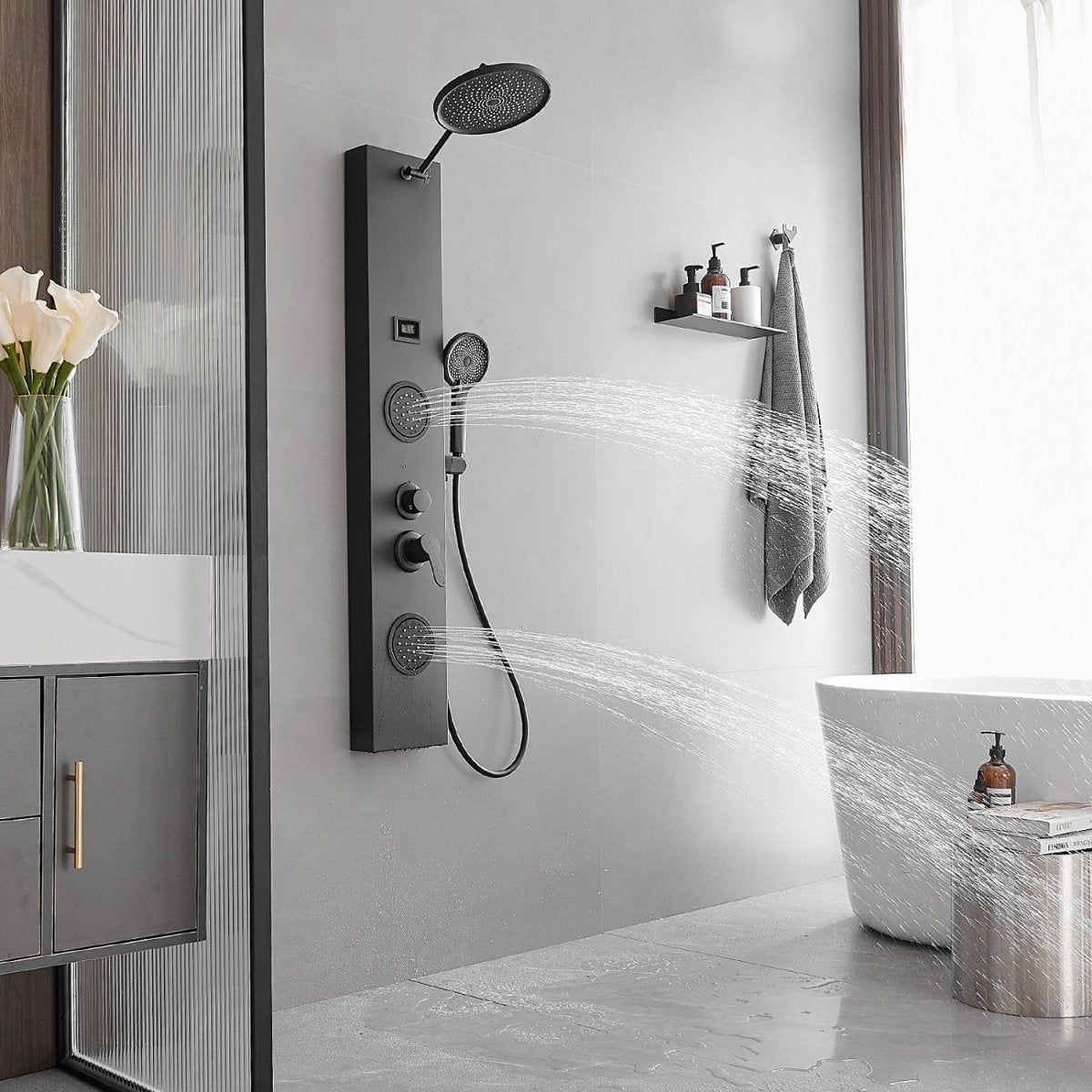 2-Jet Rainfall Shower Panel System in Stainless Steel Black - buyfaucet.com