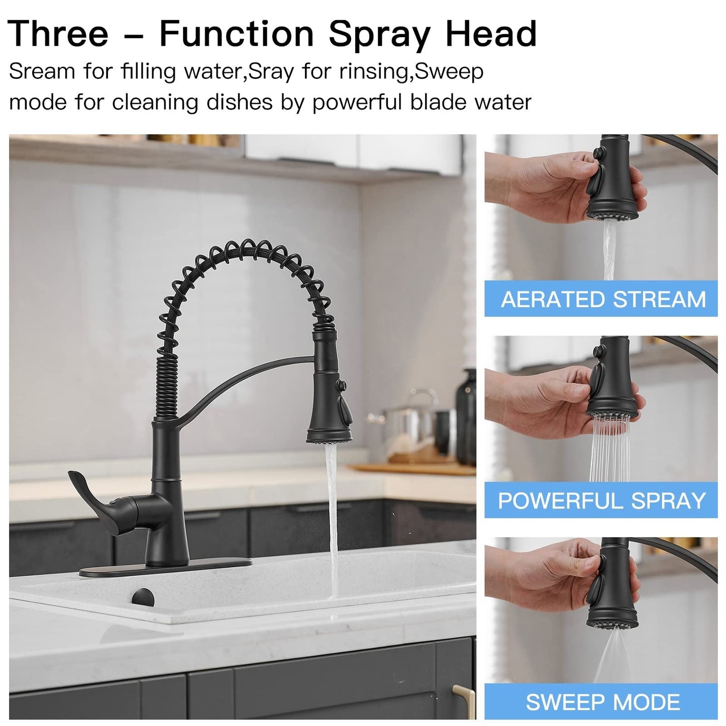 3 Spray High Arc Pull-Down Sprayer Kitchen Faucet Black - buyfaucet.com