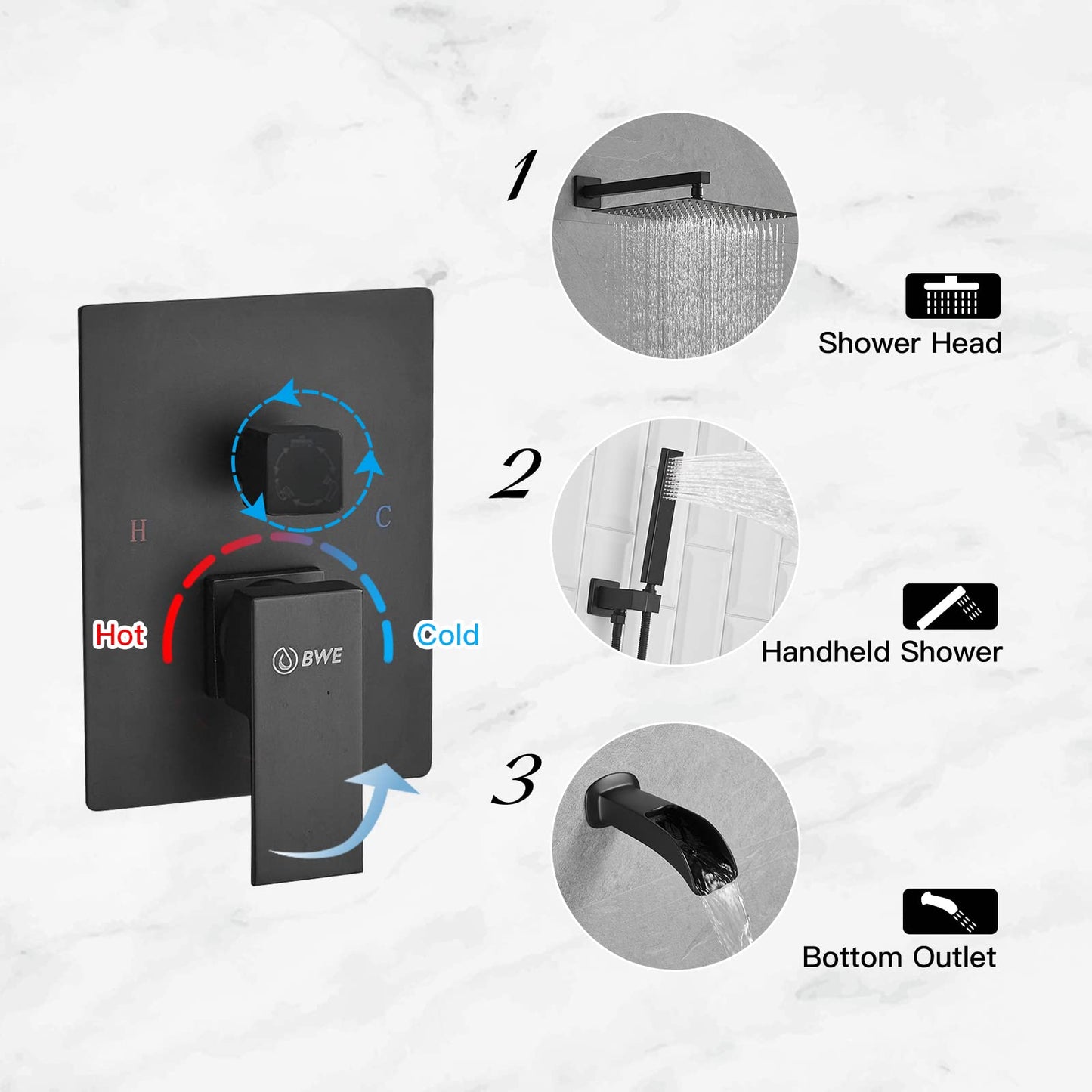 3-Sprayers 10'' Showerhead Wall Mounted Shower Faucet Black - buyfaucet.com