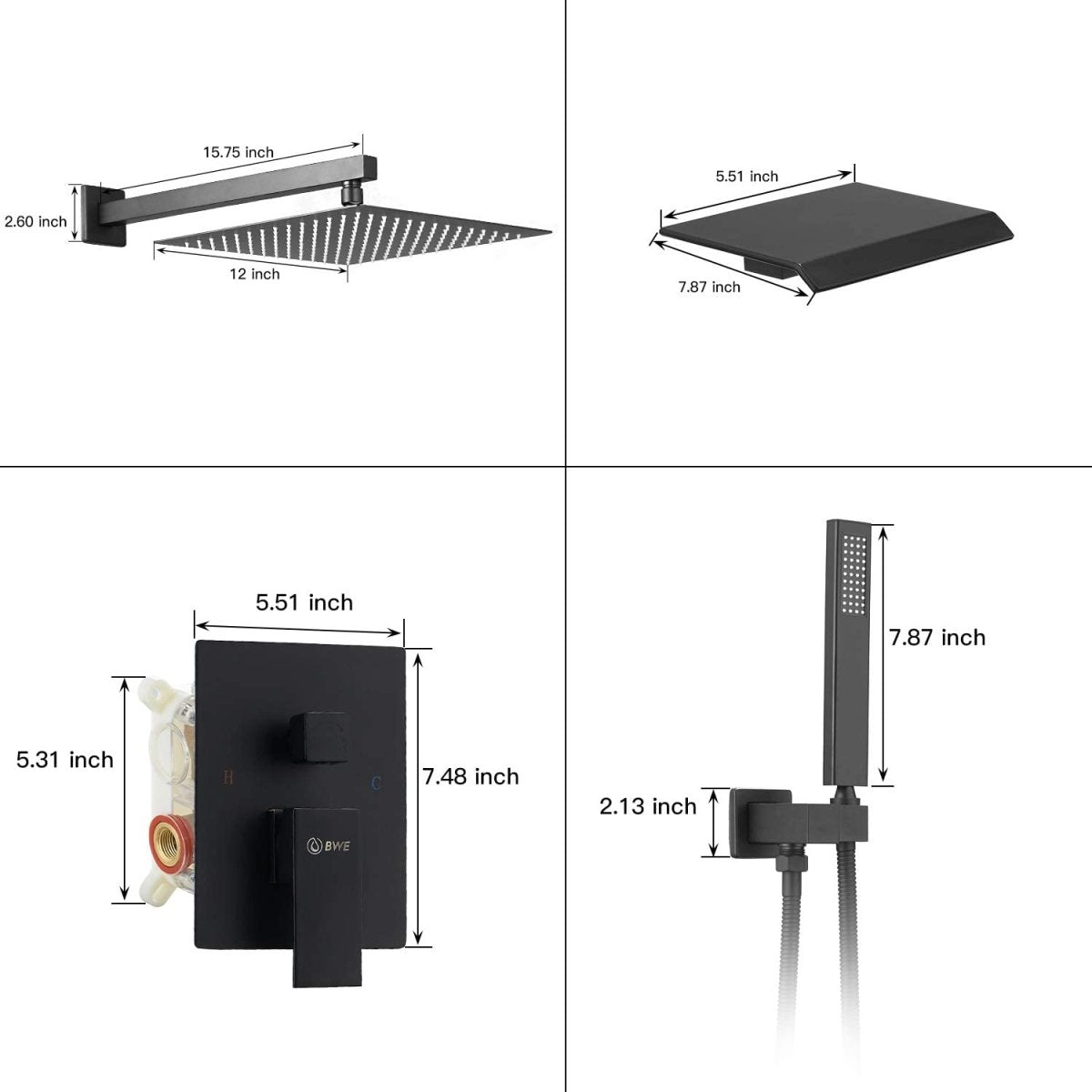 3-Sprayers 12'' Showerhead Wall Mounted Shower Faucet Black - buyfaucet.com