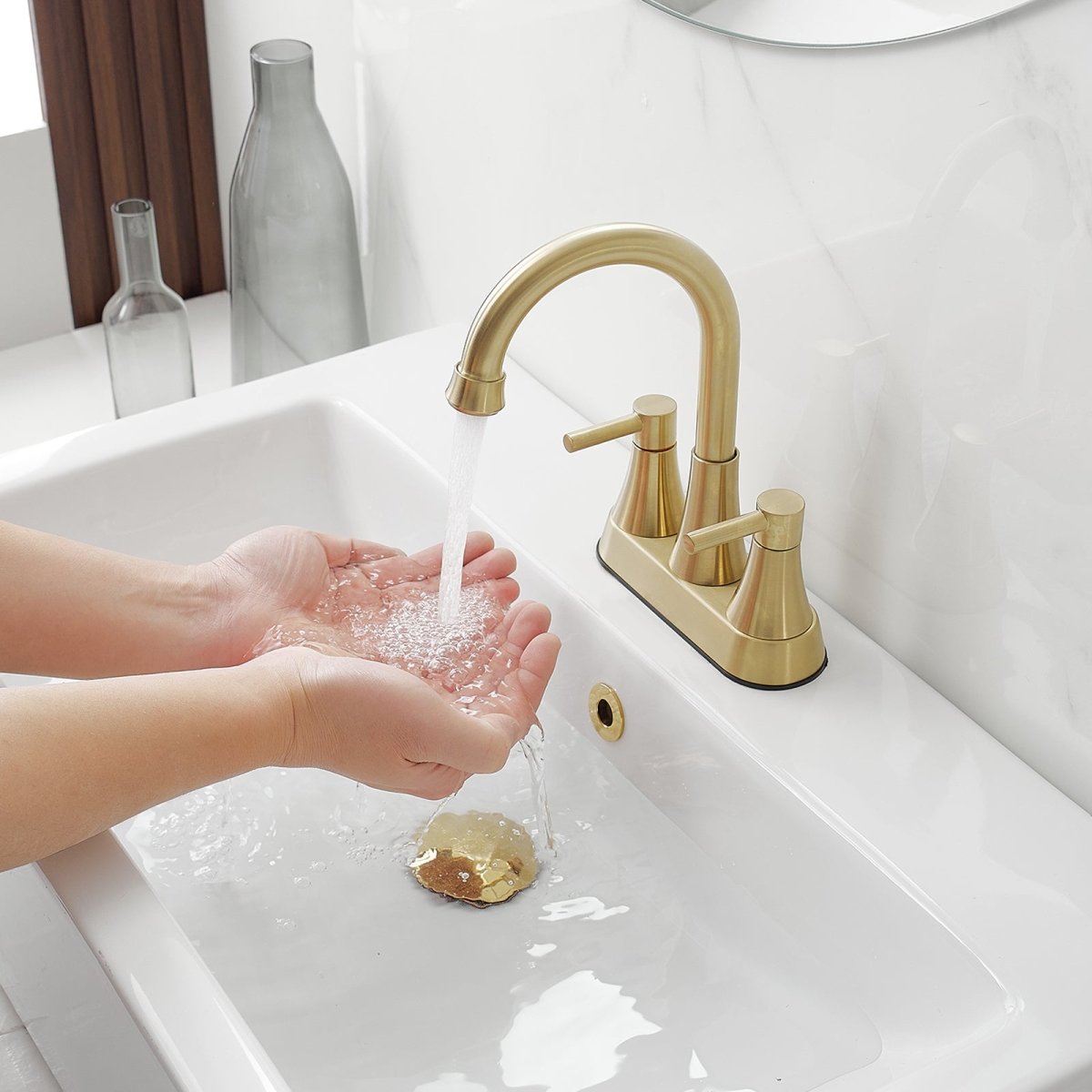 4 in. Centerset 2-Handle High-Arc Bathroom Faucet Brushed Gold - buyfaucet.com