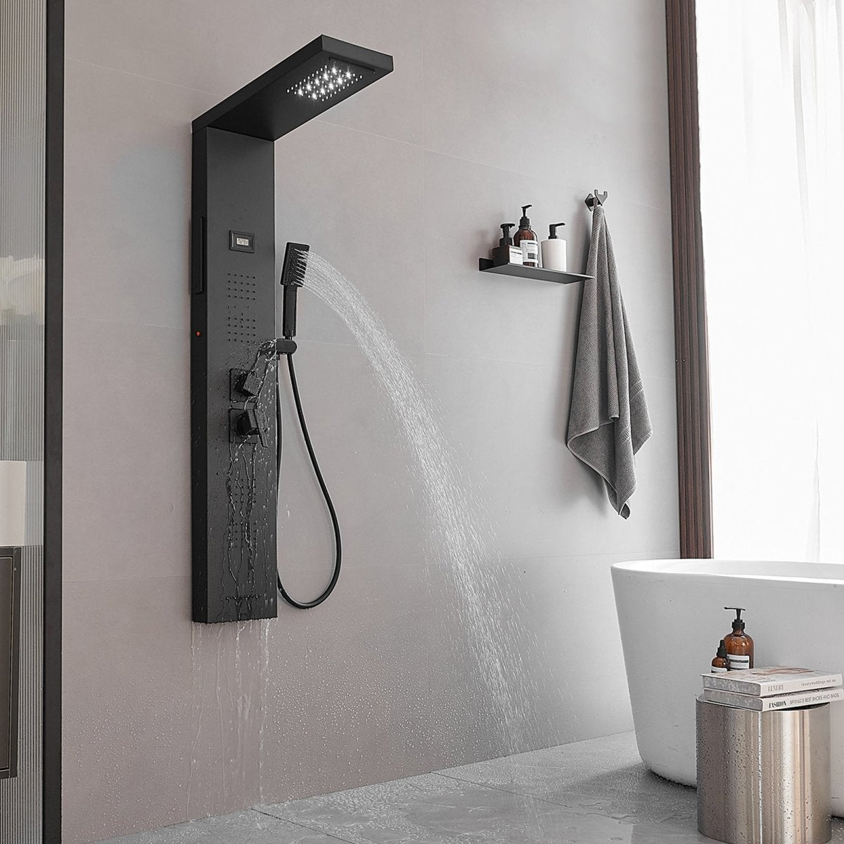 4-Jet Rainfall Shower Panel System in Stainless Steel Black - buyfaucet.com