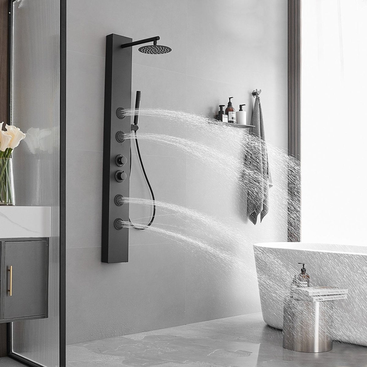 4-Jet Stainless Steel Rainfall Shower Panel System Black-1 - buyfaucet.com