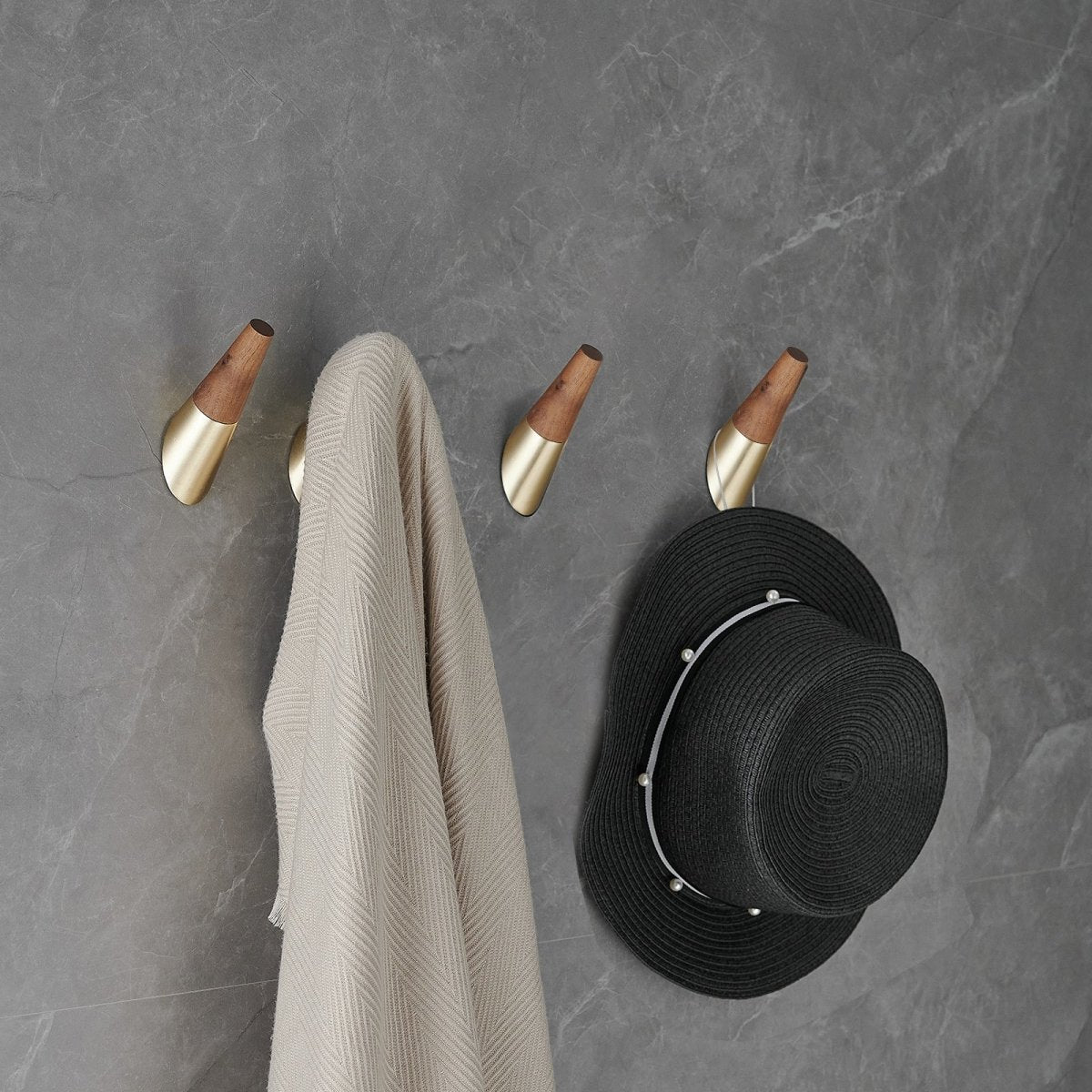 4 Pack Wood Bathroom Robe Coat Towel Hook in Brushed Gold - buyfaucet.com