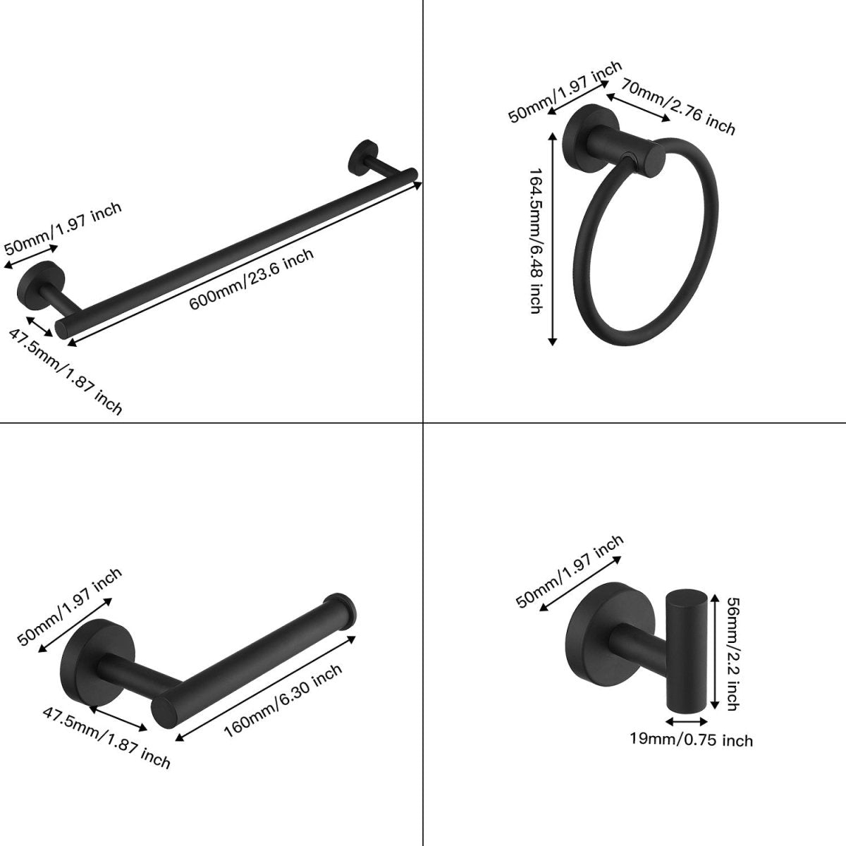 5 PCS Towel Bar Towel Hook Paper Holder Towel Ring Set Black - buyfaucet.com