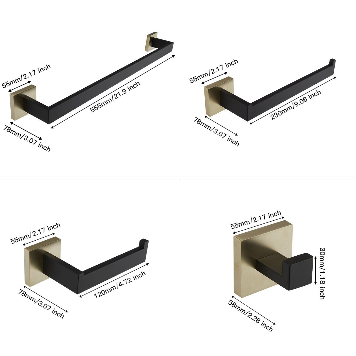 5 PCS Towel Bar Towel Hook Toilet Paper Holder Set Black Gold - buyfaucet.com