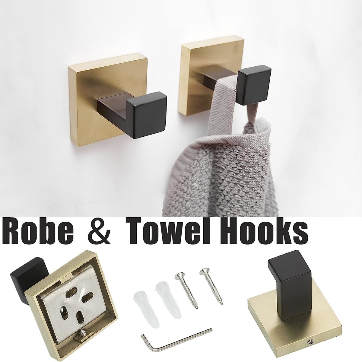 5PCS Bath Hardware Set Toilet Paper Holder Towel Bar Black Gold - buyfaucet.com