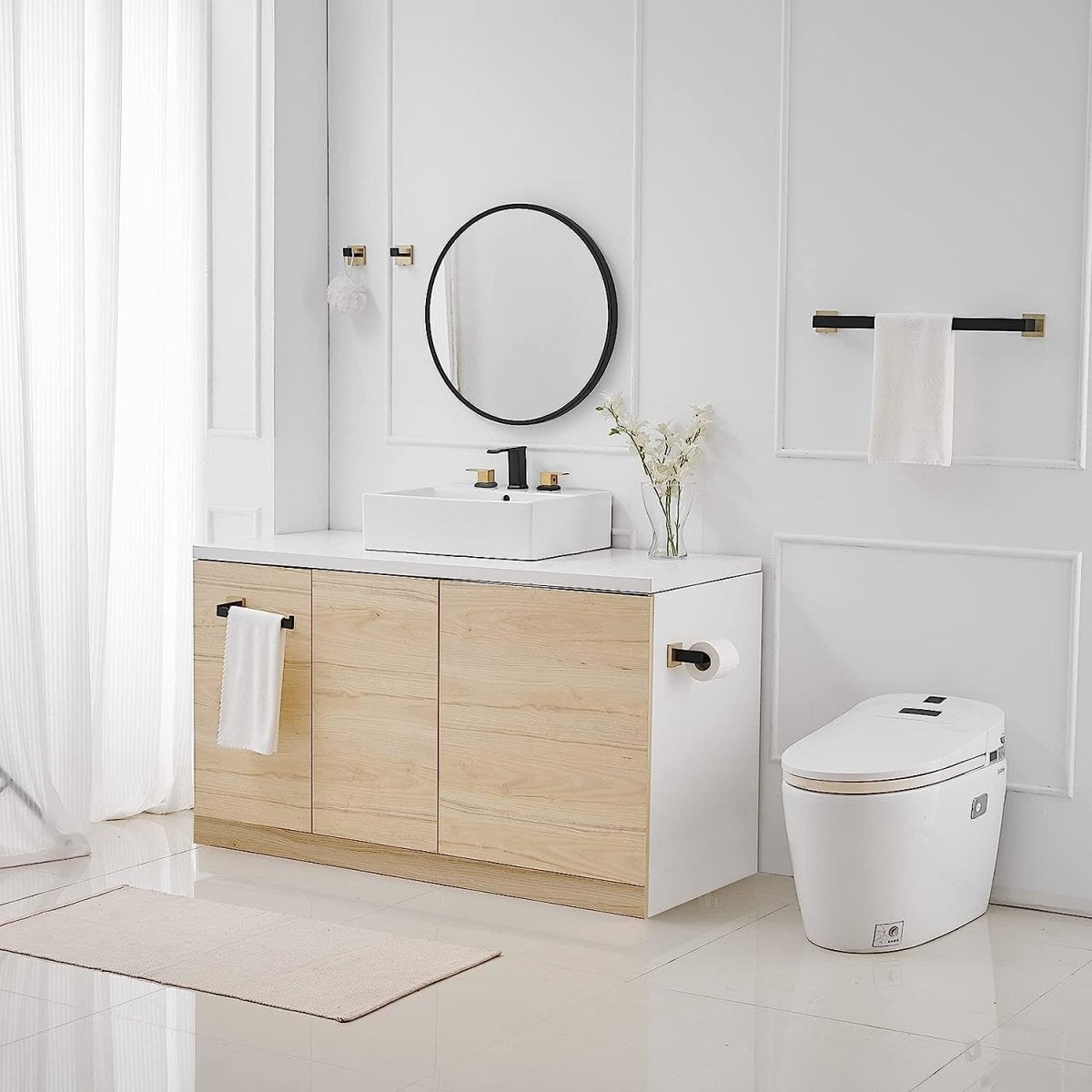 5PCS Bath Hardware Set Toilet Paper Holder Towel Bar Black Gold - buyfaucet.com
