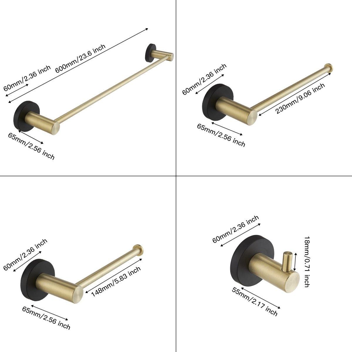 5PCS Towel Bar Toilet Paper Holder Towel Hook Set Black Gold - buyfaucet.com