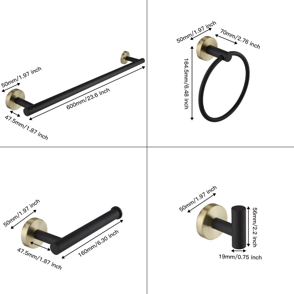 5PCS Towel Bar Toilet Paper Holder Towel Ring Set Black Gold - buyfaucet.com
