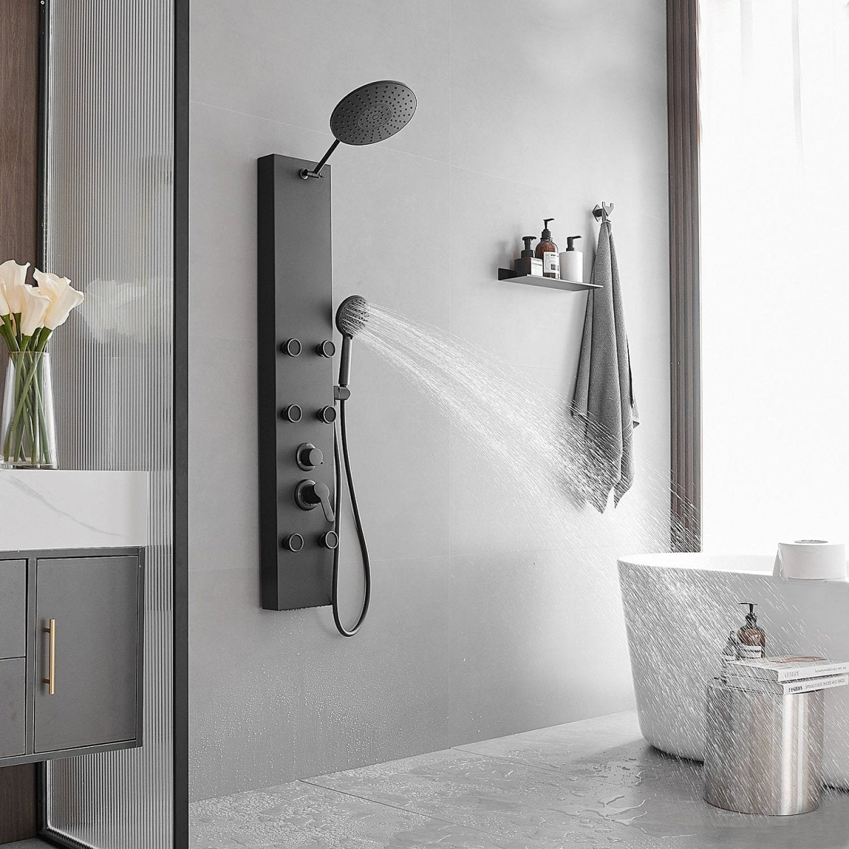 6-Jet Stainless Steel Rainfall Shower Panel System Black - buyfaucet.com