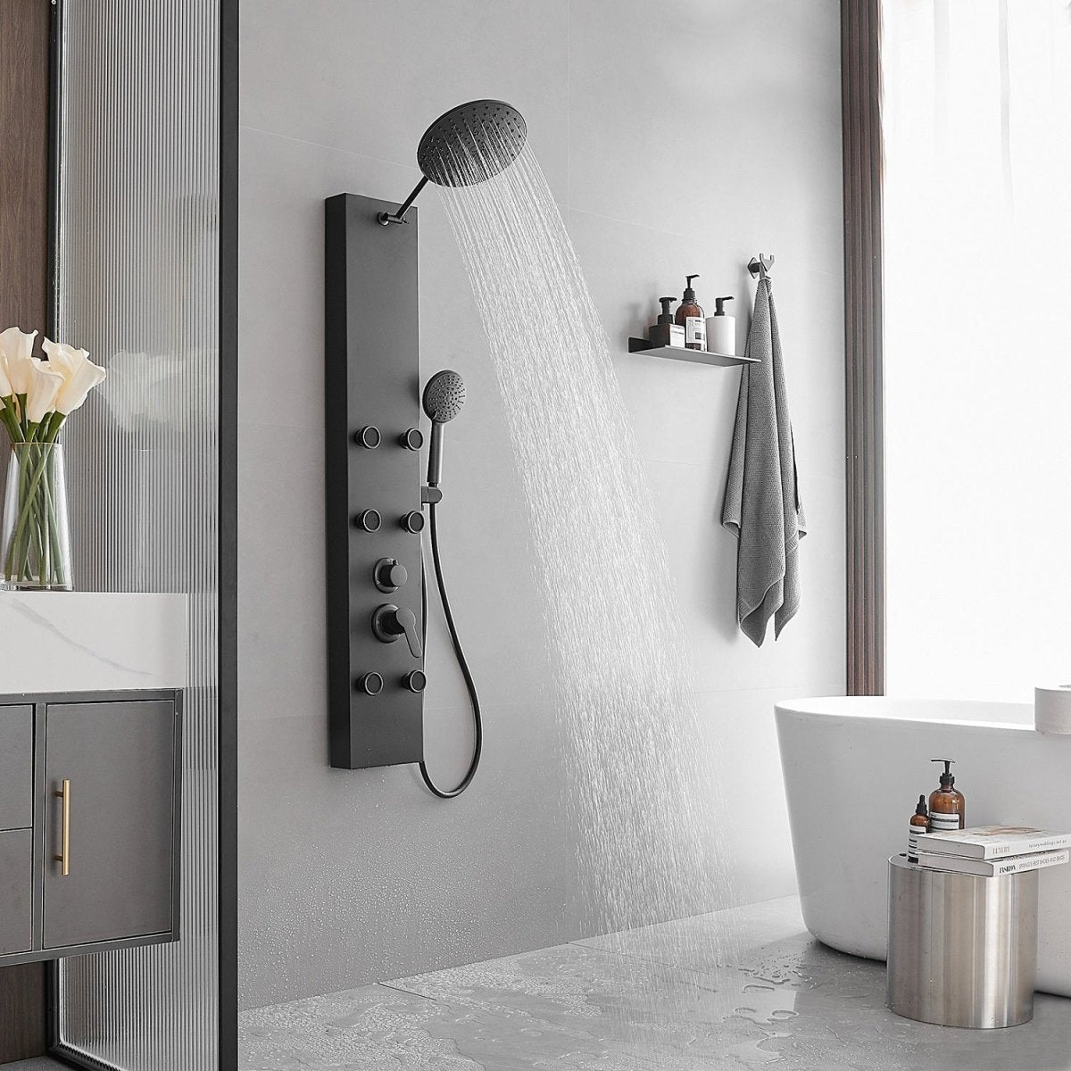6-Jet Stainless Steel Rainfall Shower Panel System Black - buyfaucet.com