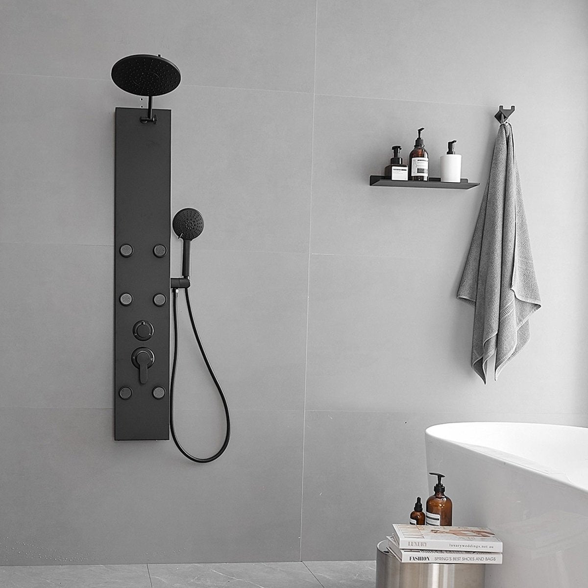 6-Jet Stainless Steel Rainfall Shower Panel System Black - buyfaucet.com