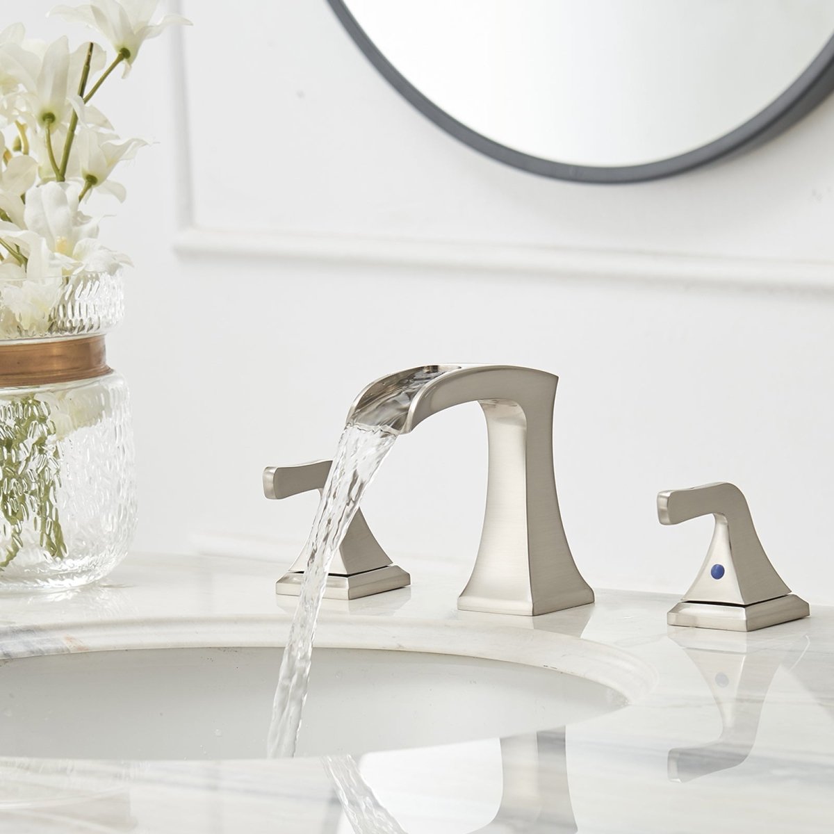 8 in 2-Handle Waterfall Bathroom Sink Faucet Brushed Nickel - buyfaucet.com