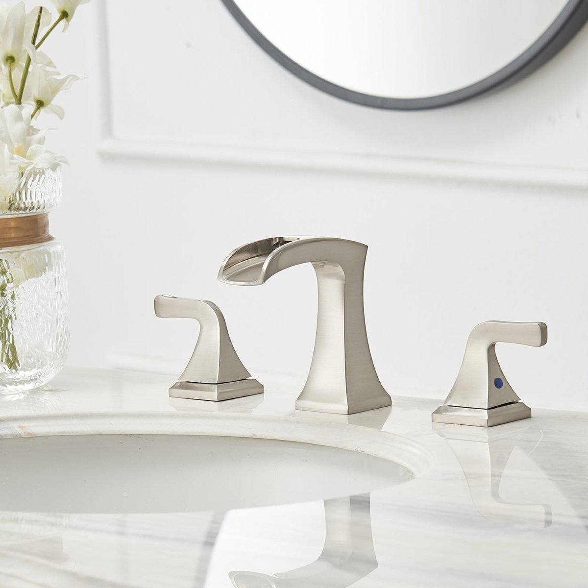 8 in 2-Handle Waterfall Bathroom Sink Faucet Brushed Nickel - buyfaucet.com