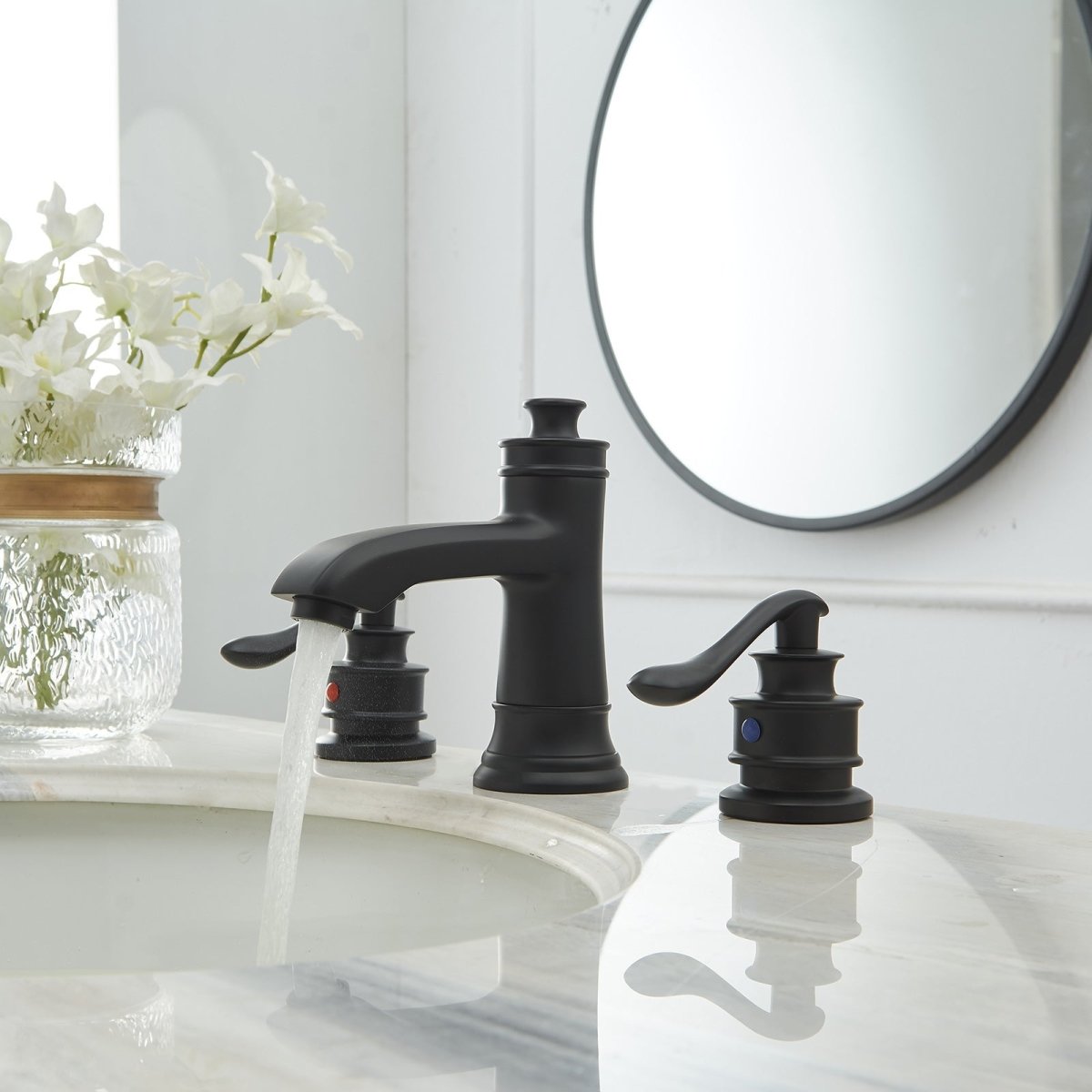 8 in Double Handle Bathroom Faucet With Drain Assembly Black - buyfaucet.com