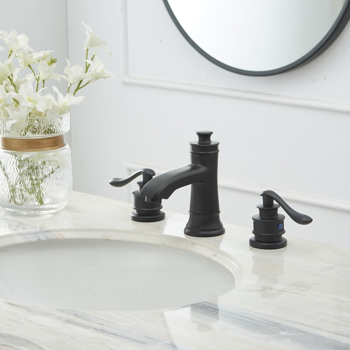 8 in Double Handle Bathroom Faucet With Drain Assembly Black - buyfaucet.com